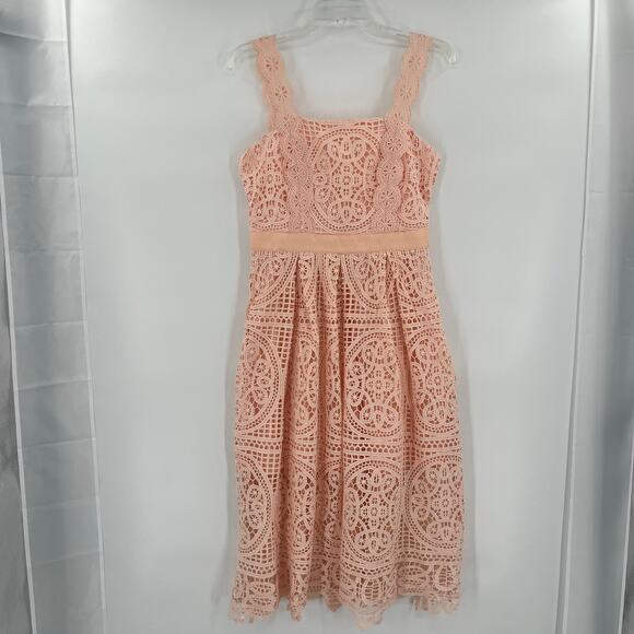 Just Me Crochet Lace Dress Size M Peach Milkmaid Asymmetric Boho Cottage Fairy - Picture 12 of 12